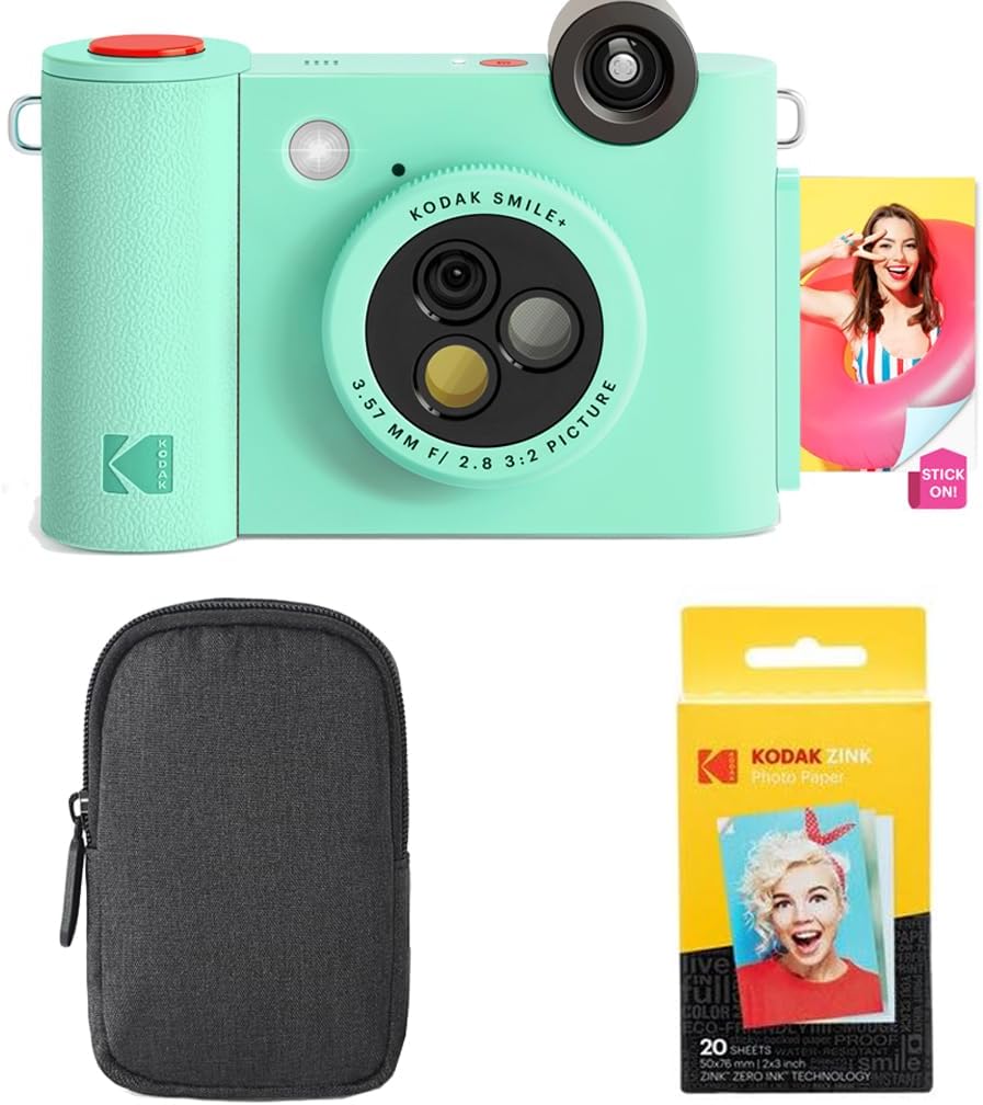 Kodak Smile+ 2-in-1 Digital Instant Print Camera & Wireless Bluetooth Photo Printer Starter Bundle + Carrying Case + Zink 20pk Sticky-Back Photo Paper - 10MP, Special-Effect Rotating Lens - Green
