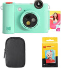 Kodak Smile+ 2-in-1 Digital Instant Print Camera & Wireless Bluetooth Photo Printer Starter Bundle + Carrying Case + Zink 20pk Sticky-Back Photo Paper - 10MP, Special-Effect Rotating Lens - Green