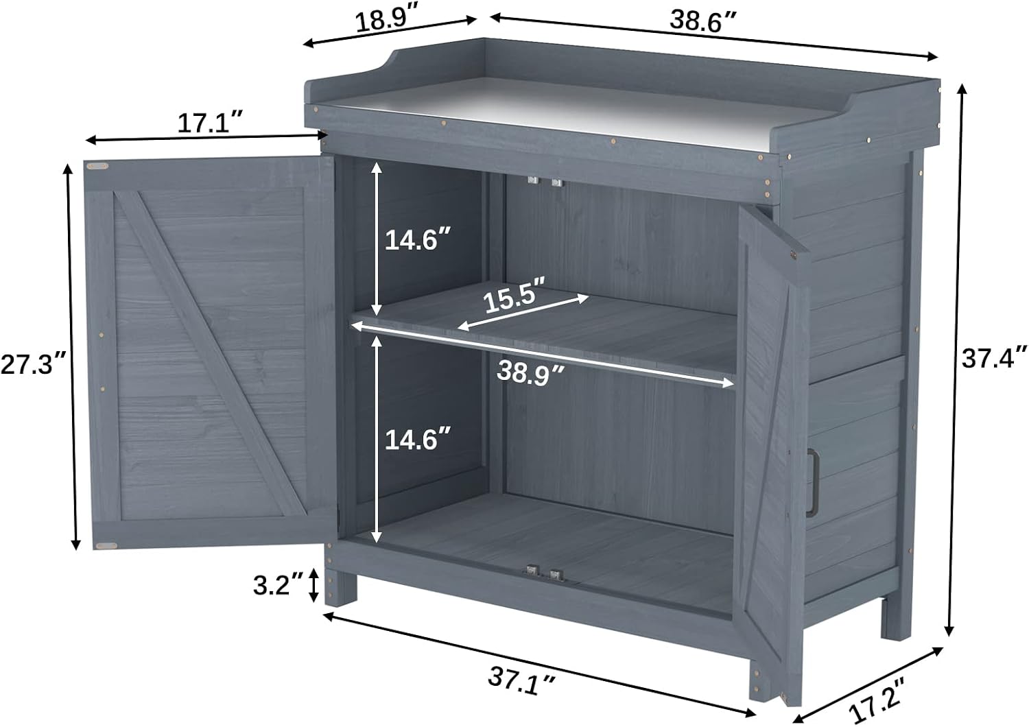 Outdoor Garden Patio Wooden Storage Cabinet Furniture Waterproof Tool Shed with Potting Benches Outdoor Work Station Table (Gray)
