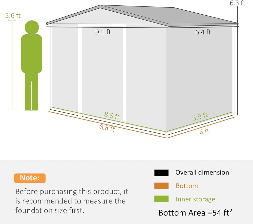 Outsunny 9' x 6' Outdoor Storage Shed, Garden Tool Metal Shed with Foundation Kit, Double Lockable Door, Air Vents and Sloping Roof, for Backyard, Patio, Lawn, Brown