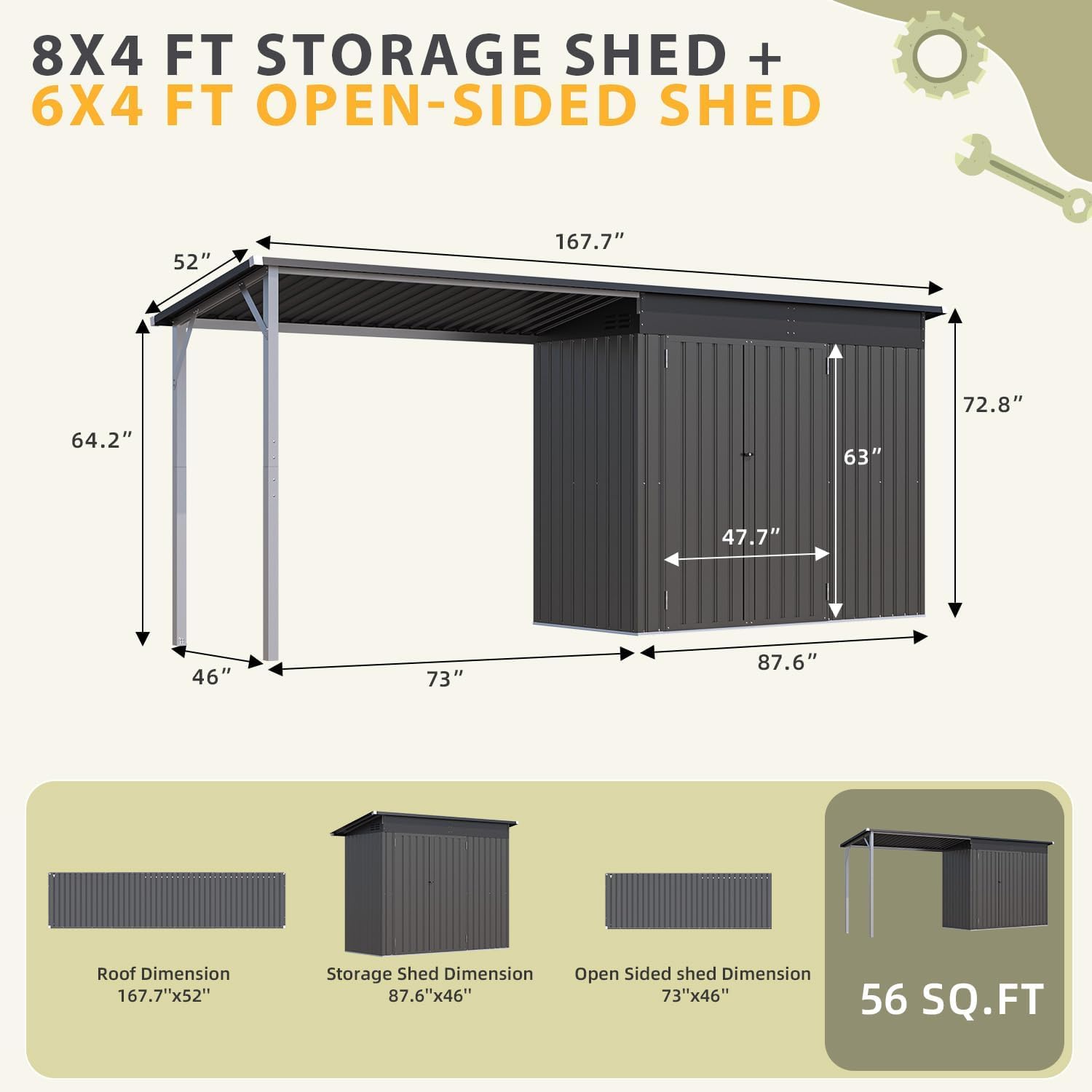 AECOJOY 8x4 FT Outdoor Storage Shed & Hardtop Gazebo Combo, 14x4FT Metal Lean to Shed with 6'x4' Open Pergola, 2-in-1 Tool Sheds & Outdoor Storage for Patio, Backyard, Garden