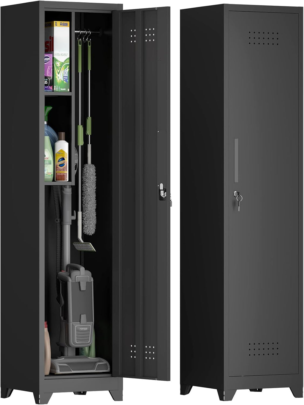 IRONFFICE Metal Utility Closet with Hanging Rod,Narrow Broom Closet with Door,Slim Laundry Storage Cabinet for Bathroo,Gym,Living Room,Black