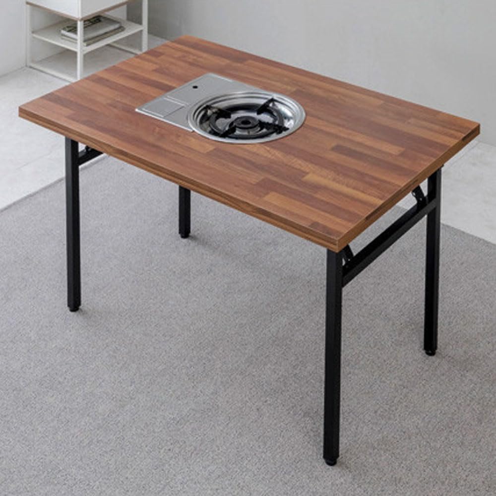 Korean BBQ Grill Table with Built-in Gas Burner, Folding Indoor Outdoor Dining Table, Marble Top for Camping & Kitchen, Made in Korea - Merbau