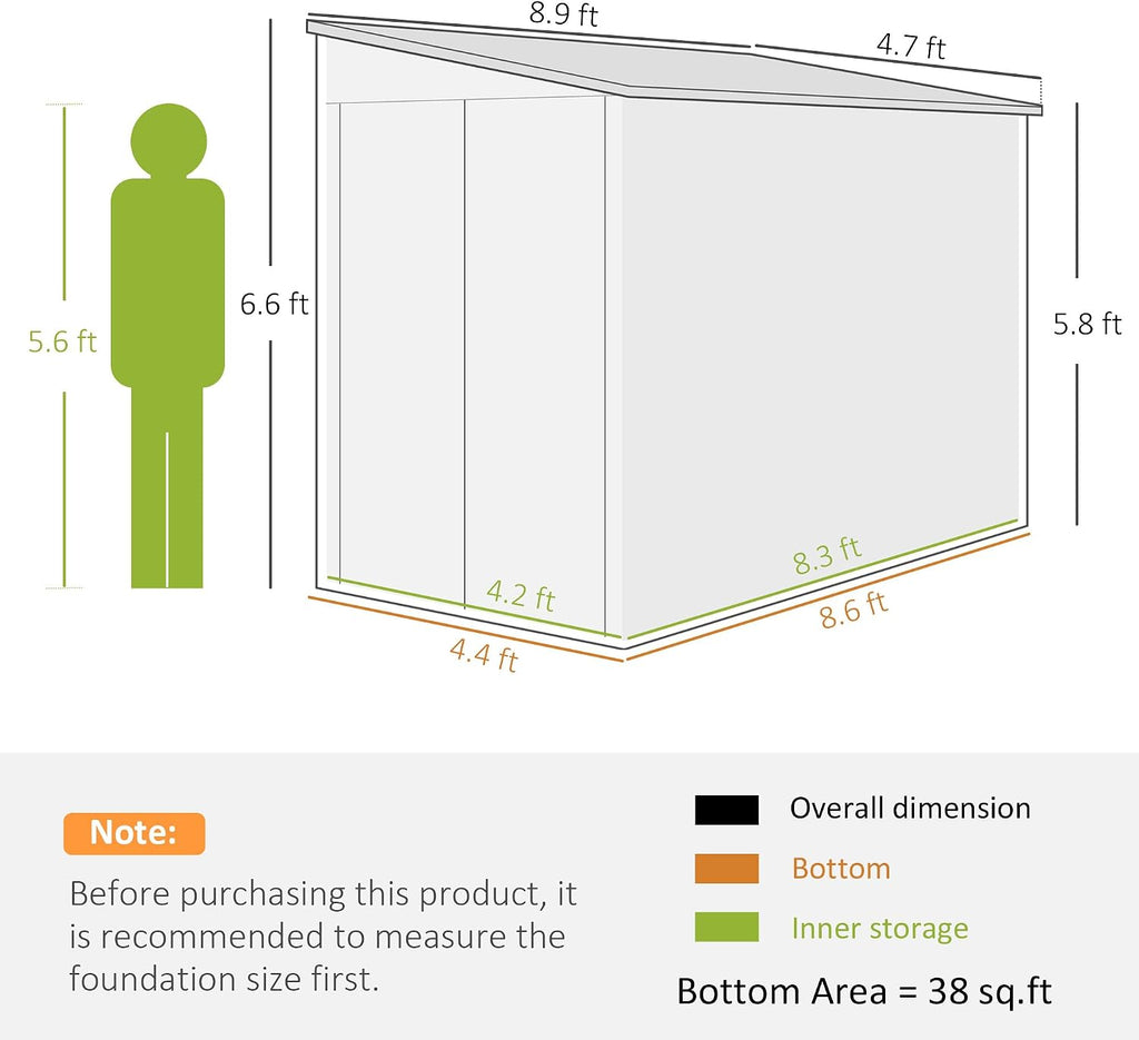 Outsunny 4.6' x 9' Steel Outdoor Storage Shed, Waterproof Lean to Shed, Metal Garden Tool House with Foundation Kit, Lockable Doors, Gloves and 2 Air Vents for Backyard, Patio, Lawn, White