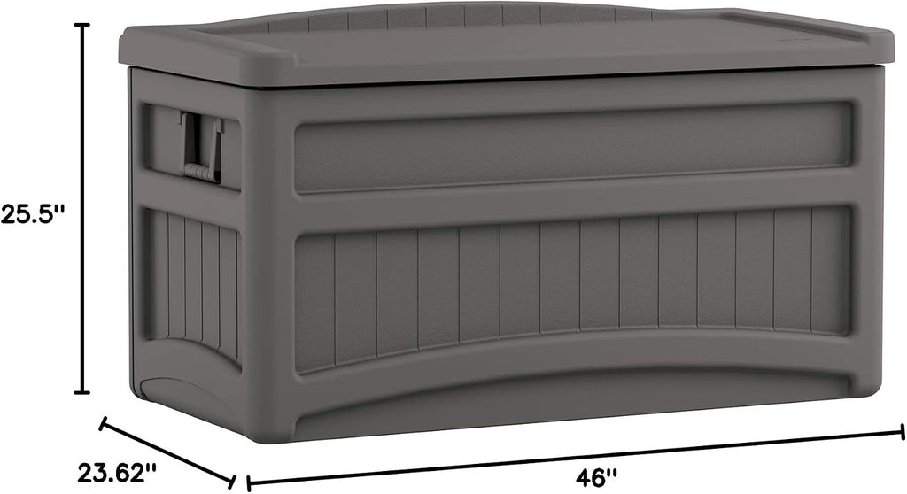 Suncast Outdoor Storage Box - 73 Gallon Stoney Resin Deck Box with Wheels, Handles, and Seat, Heavy-Duty Indoor/Outdoor Storage Bench for Patio Cushions, Shoes, Pool & Garden Gear