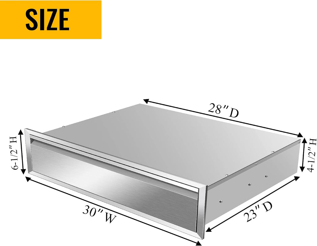 Outdoor Kitchen Drawers, 30W x 6.5H x 23D Inch Stainless Steel Flush Mount BBQ Single Drawer for Outdoor Kitchen Island, or Patio Grill Station