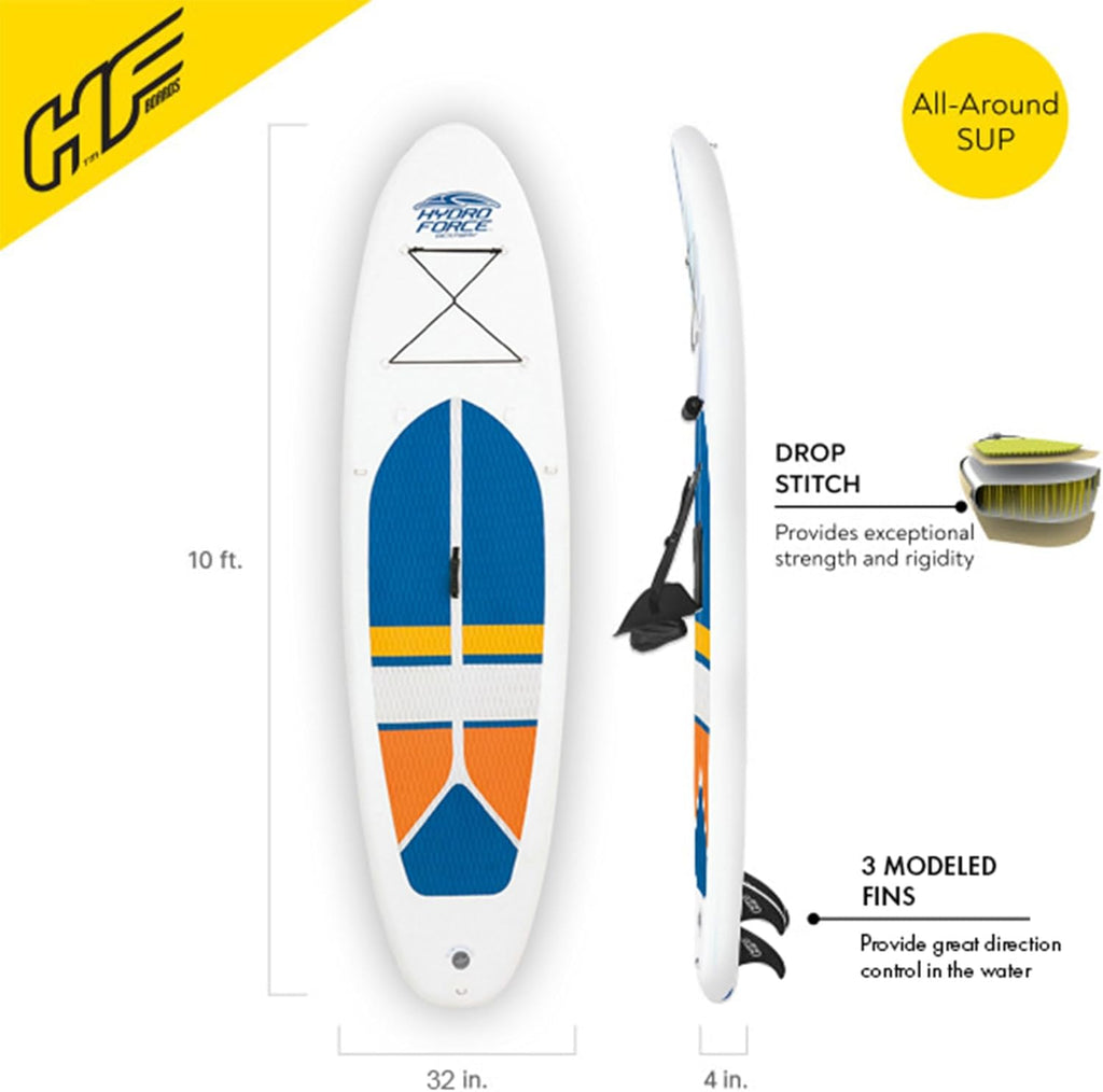 Bestway Hydro-Force White Cap 10' Inflatable Stand Up Paddle Board Kayak Water Set with Aluminum Oar, Hand Pump, and Travel Bag, White