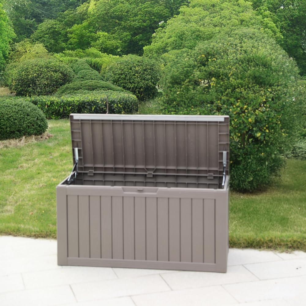 BTEXPERT 80 Gallon Deck Box Outdoor Storage Container with Metal Support Rods for Patio Furniture Garden Tools Cushions Waterproof Lockable UV Resistant Set of 2