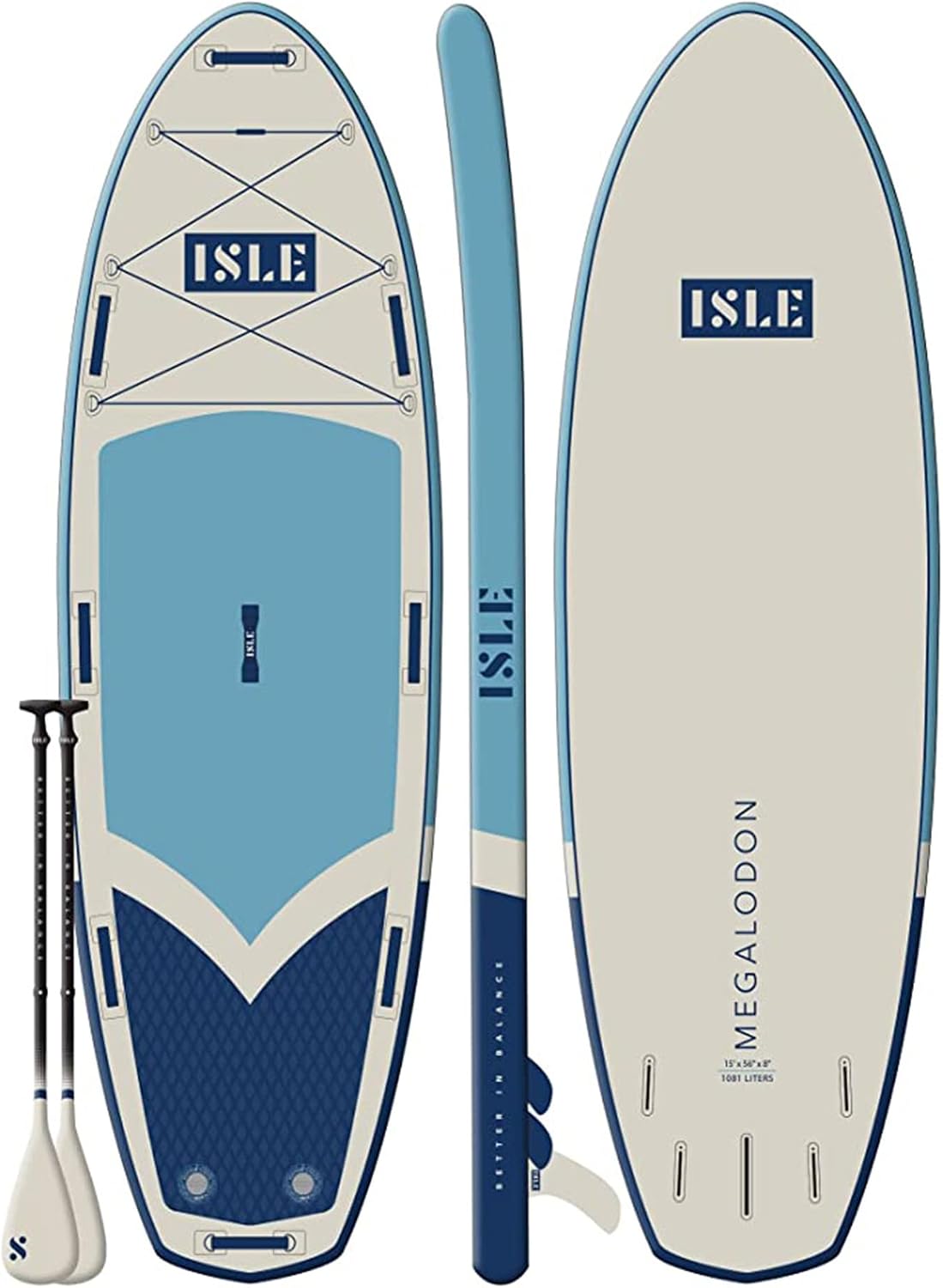 ISLE Megalodon Inflatable Stand Up Paddle Board & iSUP Bundle Accessory Pack - Up to 1,050 lbs Capacity — Durable, Lightweight, Stable — 12' L x 45' W x 8' OR 15' L x 56' W x 8'