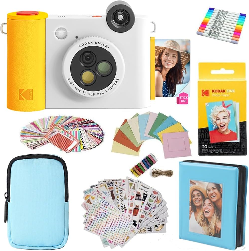Kodak Smile+ 2-in-1 Digital Instant Print Camera & Photo Printer Gift Bundle + Case + Zink 2x3 Sticky Back Photo Paper 20pk + Album + Sticker Frames + Hanging Frames + Sticker Sets + Markers - White