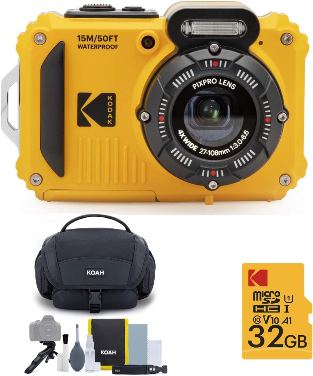 Kodak PIXPRO WPZ2 Rugged Waterproof 16MP Digital Camera with 4X Zoom (Yellow) Bundle with Case and 32GB MicroSD Card (3 Items)
