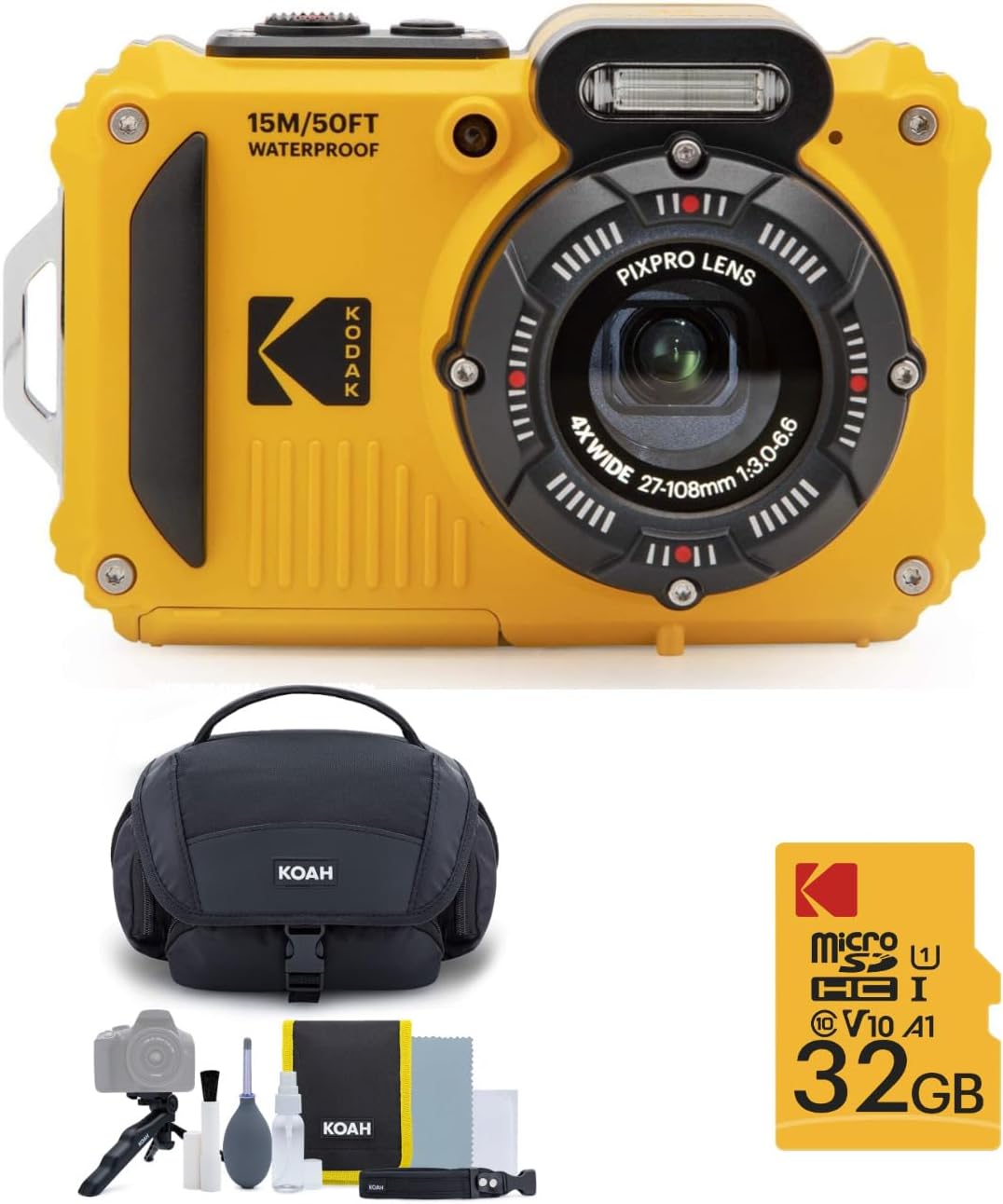 Kodak PIXPRO WPZ2 Rugged Waterproof 16MP Digital Camera with 4X Zoom (Yellow) Bundle with Case and 32GB MicroSD Card (3 Items)