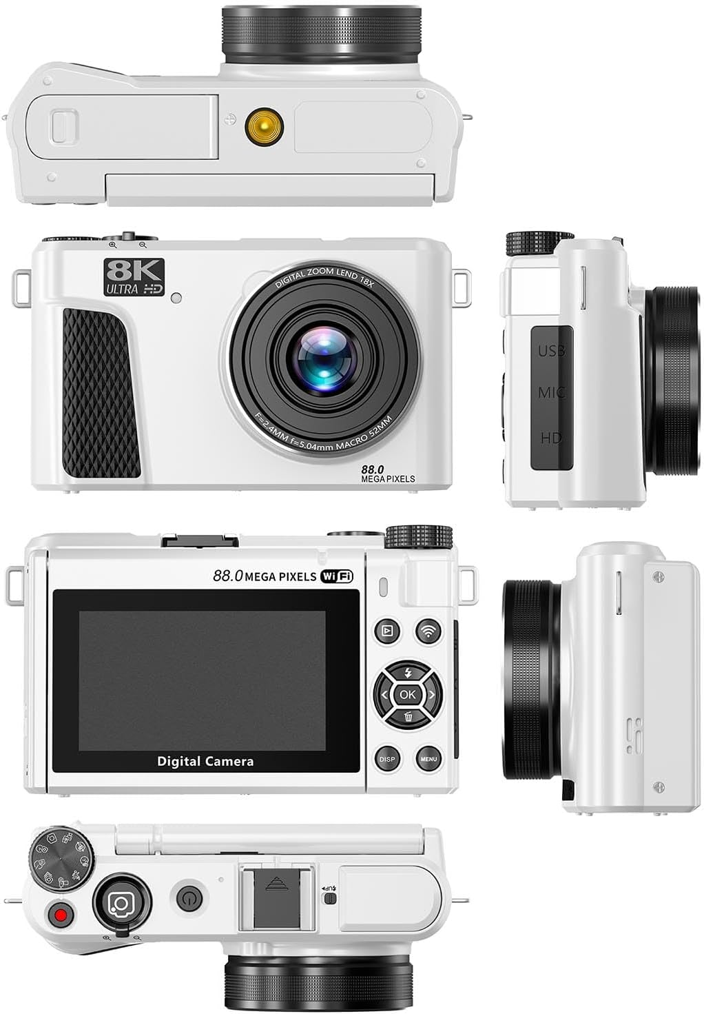 PUSOKEI 8K Digital Camera, Auto Focus 88MP Cameras for Photography, 18x Zoom WiFi Vlogging Camera, 3 inch Flip Screen, with Webcam Mode, Filter, Multiple Filters LED Fill Light (White)