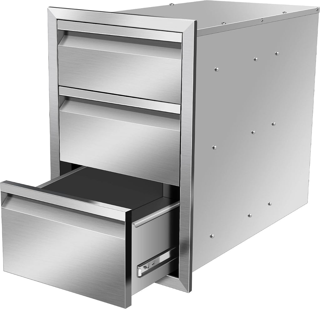 Outdoor Kitchen Drawers 14W x 21H x 23D Stainless Steel Flush Mount BBQ Triple Drawers for Outdoor Kitchen Island, or Patio Grill Station