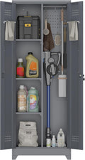 IRONFFICE Tall Storage Cabinet with Doors,Metal Garage Cabinet and Storage,Lockable Utility Closet Cabinets with Pegboard for Basement,Laundry Room,Grey