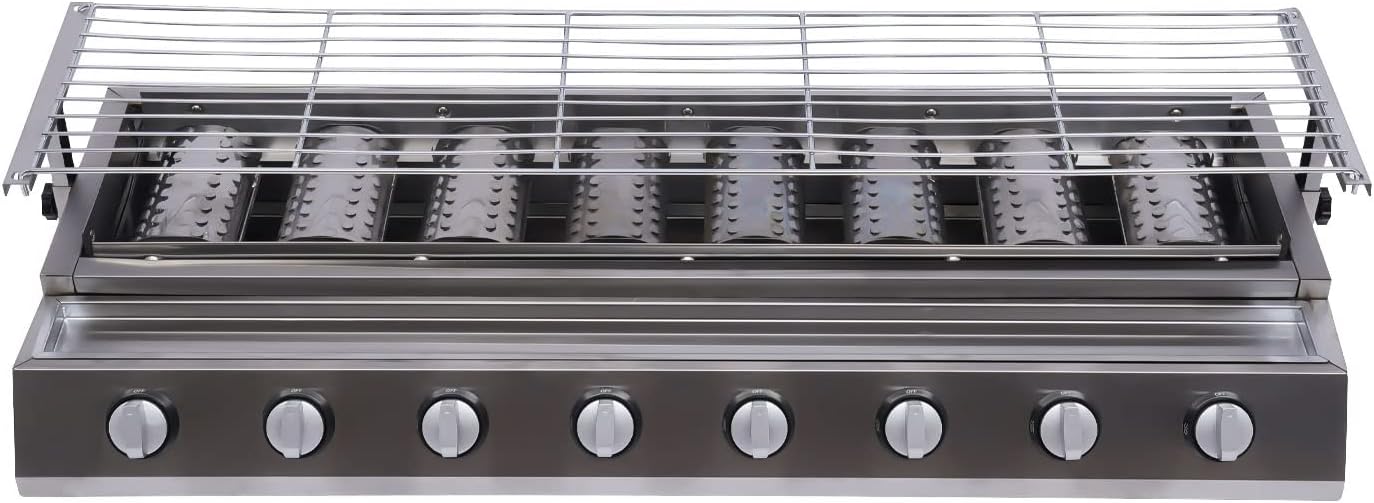 8-Burner Gas Grill Portable LPG Stove, Tabletop BBQ Grill Stainless Steel Korean BBQ Grill for Outdoor Cooking Camping, Height Adjustable, Stainless Steel Griddle