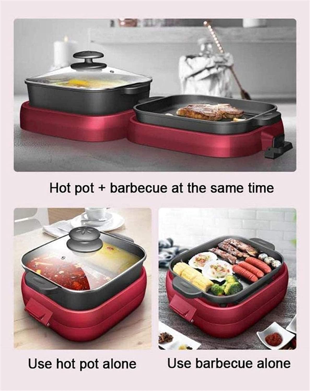 Indoor Korean Barbecue Grill Electric Teppanyaki Grill Table Hot BBQ Plate for Kitchen Dinner Party Camping Festival Cooking 3 (Color : Red)