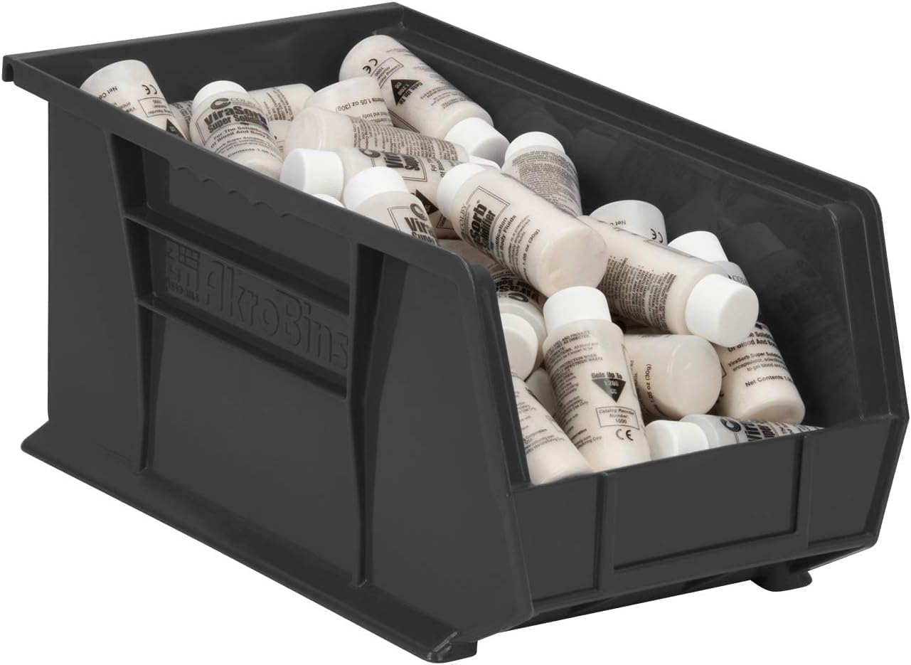 Akro-Mils 30240 AkroBins Plastic Storage Bins, Space-Saving Stackable Bins for Garage, Pantry, Craft Organization, 15' x 8' x 7', Black, 12-Pack