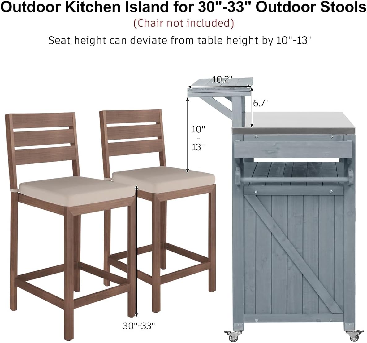 Outdoor Kitchen Island with Stainless Steel Top & Raised Shelf, Rolling Grill Cart with Spice & Towel Rack, Outdoor Island Table with Storage Cabinet & Hooks (Greyblue)