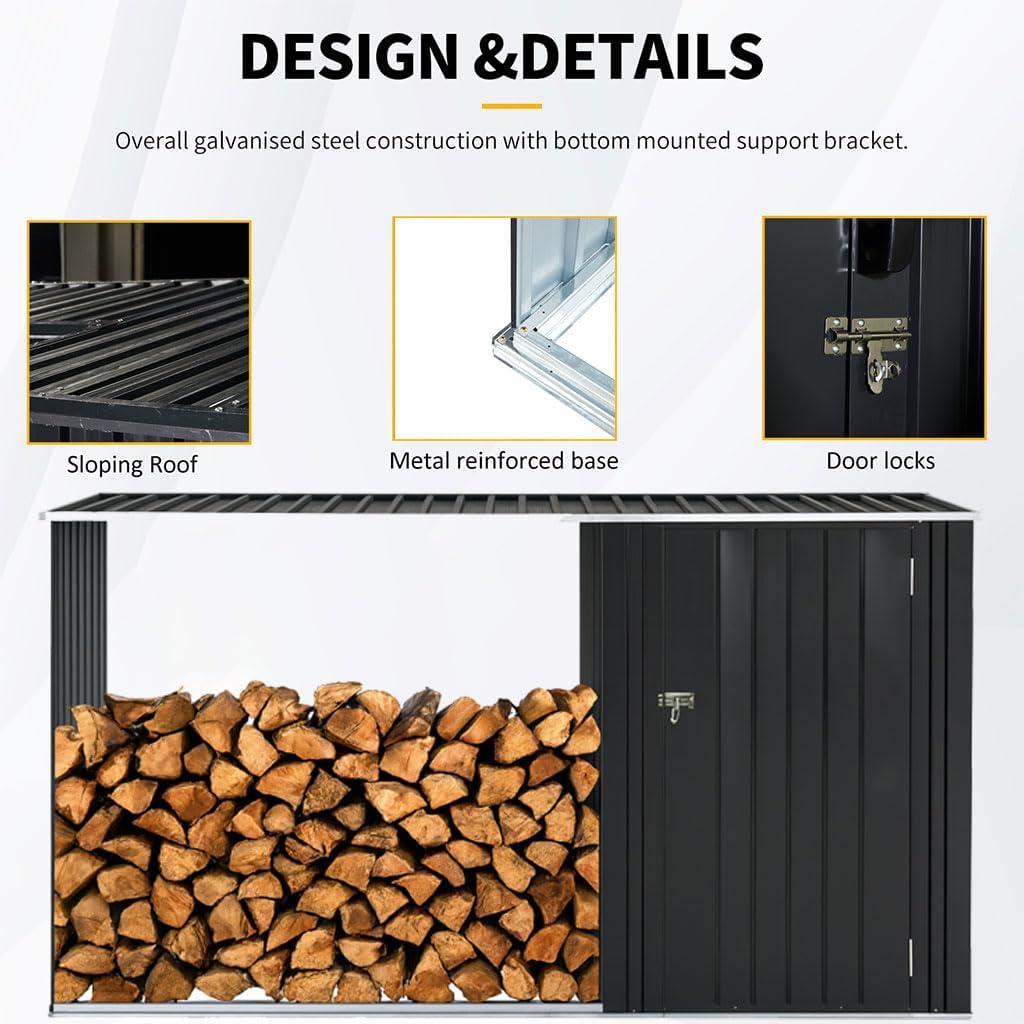 2-in-1 Outdoor Garden Storage Shed with Firewood Rack, Heavy Duty Galvanized Steel Tool Shed with Sloped Roof, Weather-Resistant Backyard Storage for Tools, Equipment & Firewood