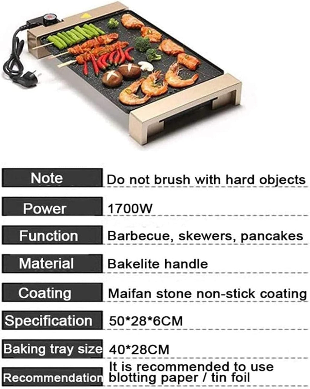 Electric BBQ Grill Indoor 28 * 94 cm Electric Teppanyaki Table Grill, BBQ Barbecue Griddle, Non-Stick Hot Plate,Smokeless,1700W (Color : Black)