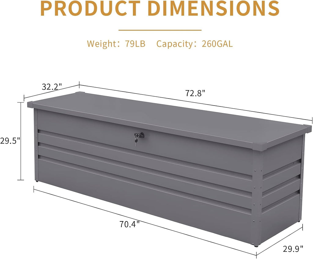 260 Gallon Deck Box, Metal Large Deck Box, Waterproof Deck Storage Box, Pool Storage Box with Lockable Storage Containers, Light Gray