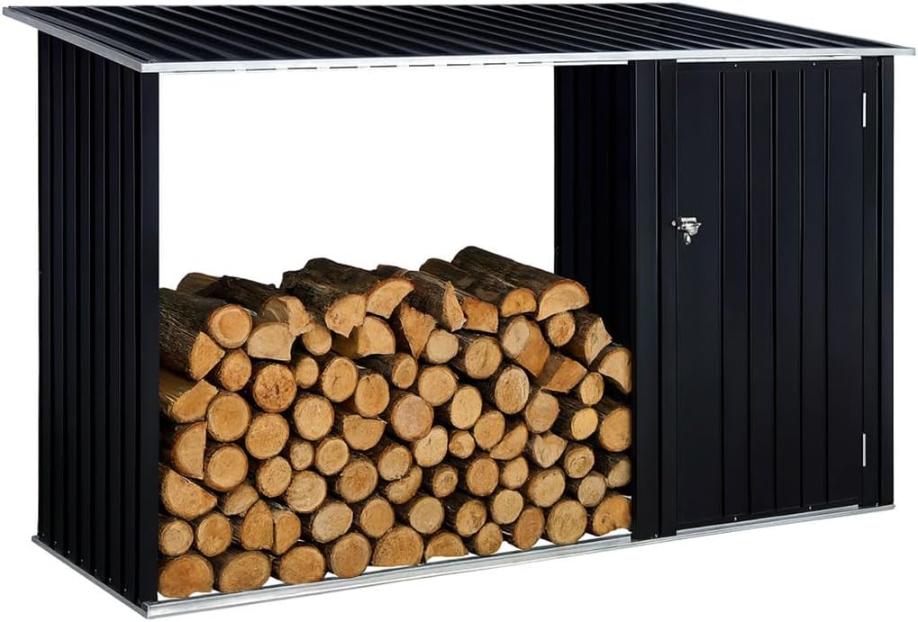 2-in-1 Outdoor Garden Storage Shed with Firewood Rack, Heavy Duty Galvanized Steel Tool Shed with Sloped Roof, Weather-Resistant Backyard Storage for Tools, Equipment & Firewood