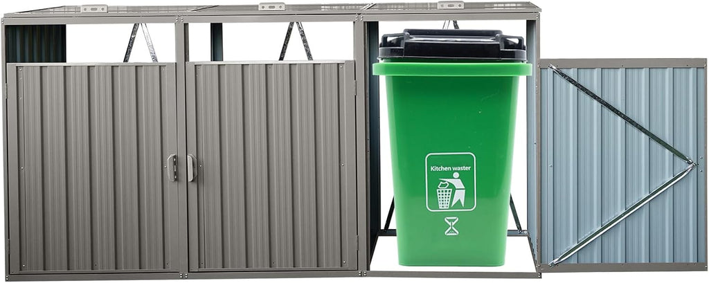 82.7 Cu.Ft Outdoor Trash Can Storage Shed, Metal Trash Can Storage Bin with Spring Chain Lid for Garbage Storage, Waterproof Storage Shed Stores for 3 Trash Cans, Garden Tools, Gray