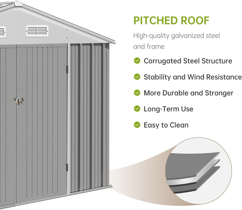 GarveeLife 12x10 ft Outdoor Storage Shed, Large Steel Multipurpose Yard Shed, Metal Outdoor Tool Shed with Sloped Roof and Door Lock Design for Organizing Tools & Equipment in Yard, Garden, Grey