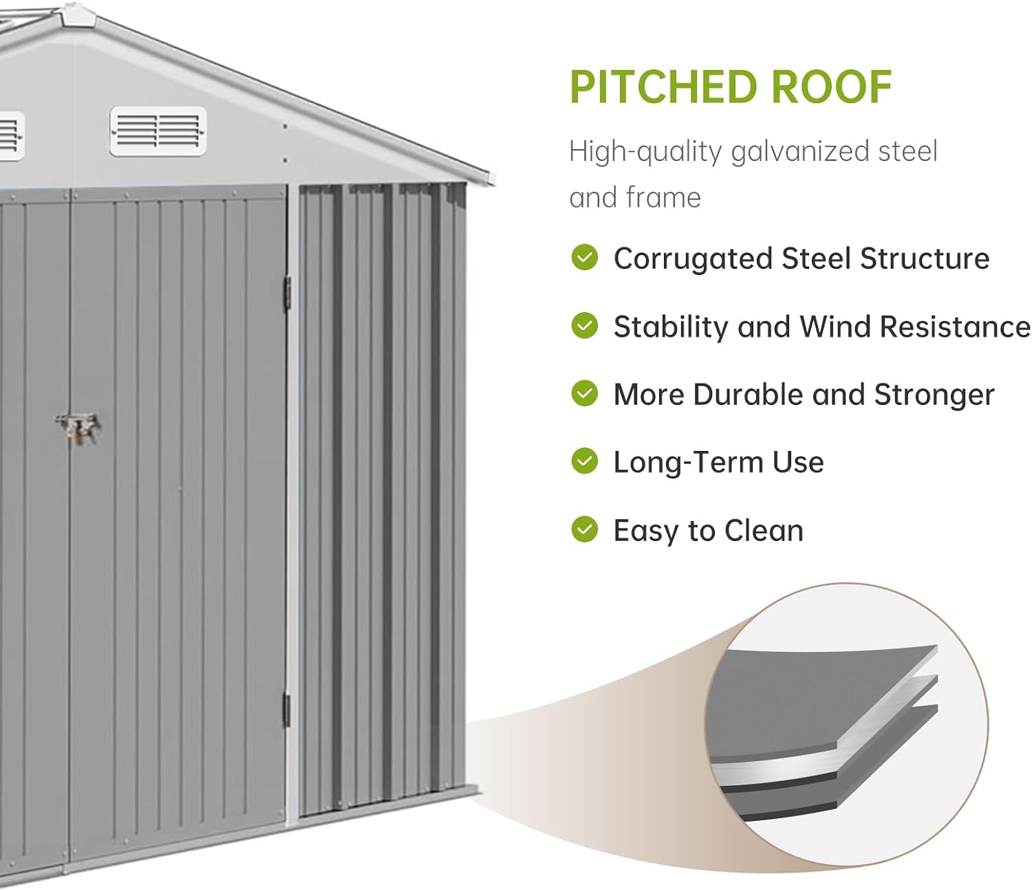 GarveeLife 12x10 ft Outdoor Storage Shed, Large Steel Multipurpose Yard Shed, Metal Outdoor Tool Shed with Sloped Roof and Door Lock Design for Organizing Tools & Equipment in Yard, Garden, Grey
