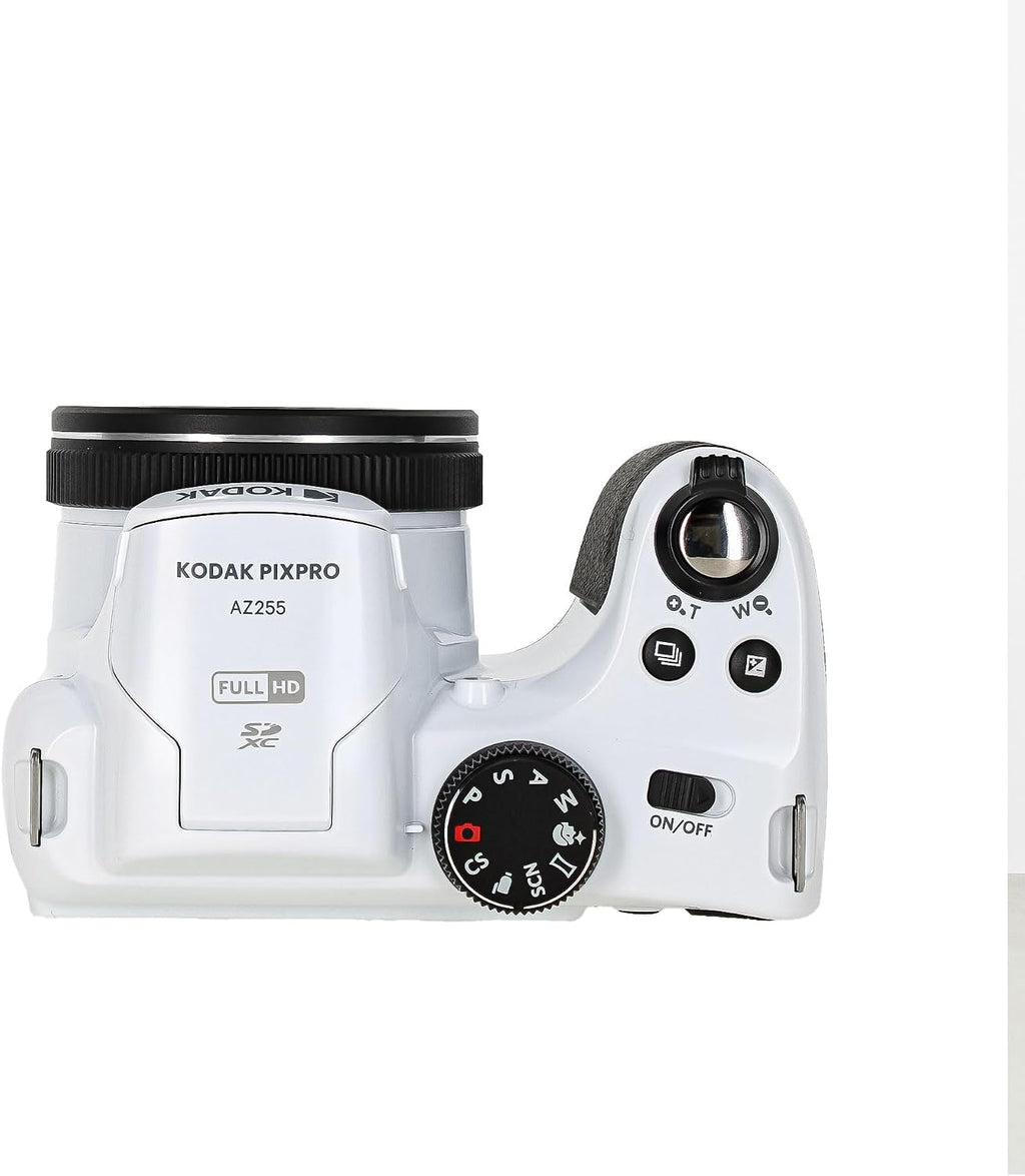 Kodak Pixpro AZ255 Digital Camera in White (AZ255WH) Bundle Including: 128 GB Memory Card, Rechargeable Batteries, Case, Flexible Tripod, Neck Strap, Lens Caps, Full Cleaning Kit, More Accessories