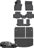 Wayhigh® Floor Mats & Backseat Cargo Liner for Mazda CX90 & CX-90 PHEV 2024 2025 2026 8 Passenger 2nd Row with Bench Seat (60/40 Velcro Tape Fixed Backmats) TPE 3 Rows Waterproof Car Mat