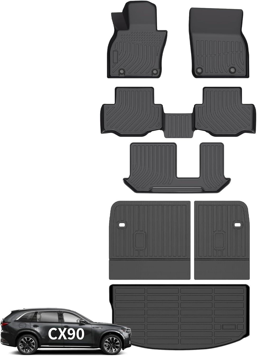 Wayhigh® Floor Mats & Backseat Cargo Liner for Mazda CX90 & CX-90 PHEV 2024 2025 2026 8 Passenger 2nd Row with Bench Seat (60/40 Velcro Tape Fixed Backmats) TPE 3 Rows Waterproof Car Mat
