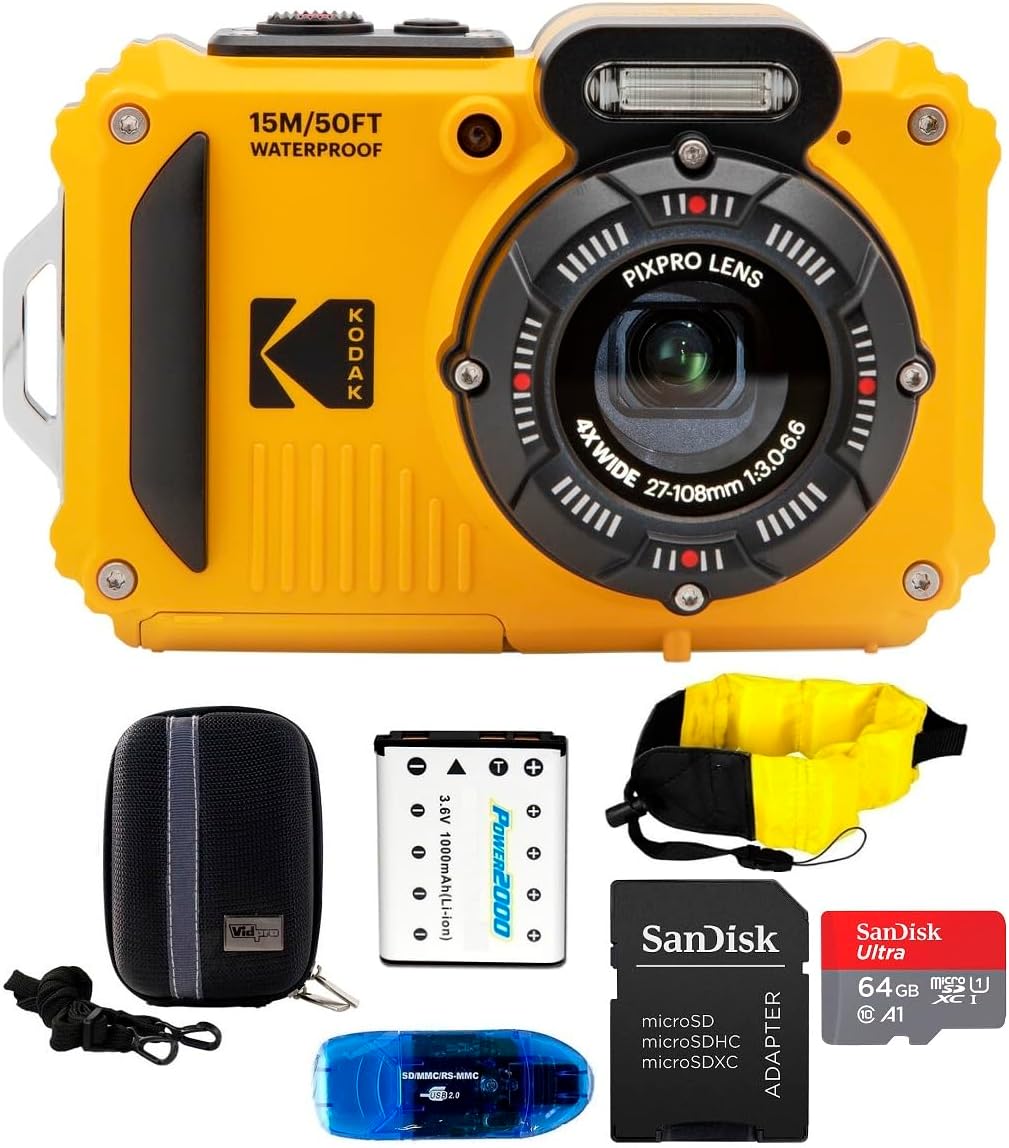 KODAK PIXPRO WPZ2 Waterproof Digital Camera Bundle, Includes: SanDisk 64GB MicroSD Memory Card, Spare Battery and More (6 Items) (Yellow)