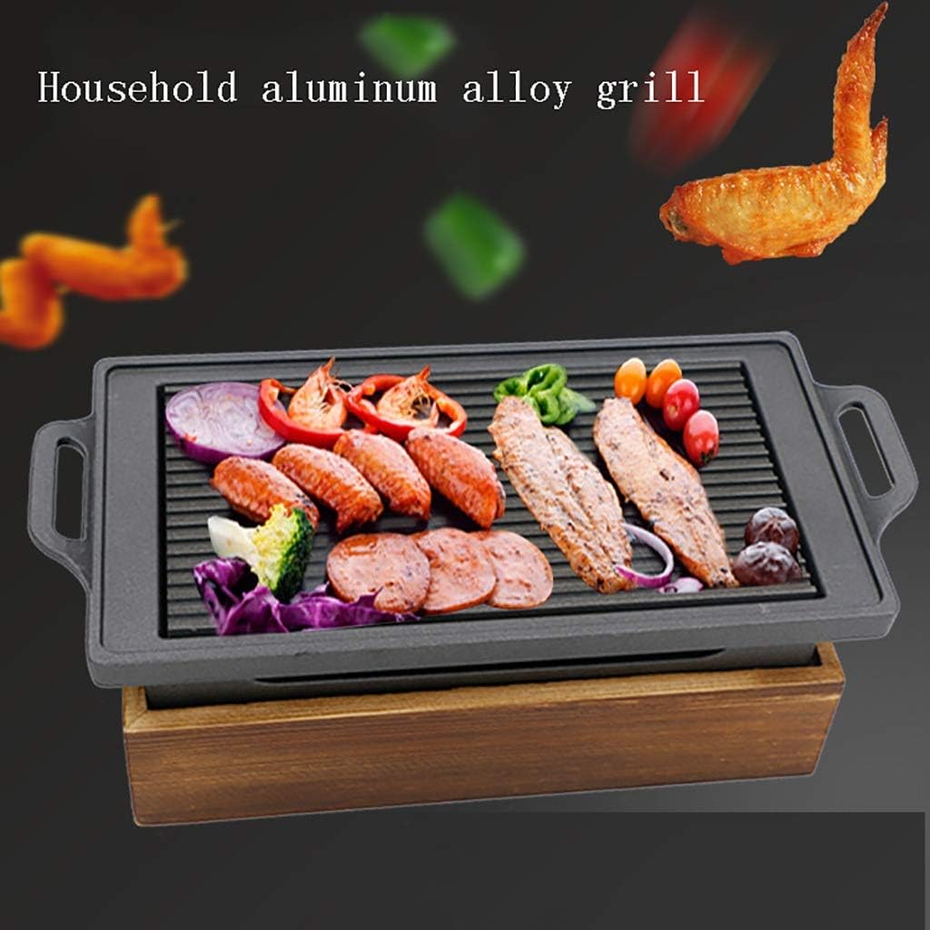 BBQ Barbeque Barbecue Grill,BBQ,Korean Non-Stick Baking Tray Alcohol Barbecue Grill,Holding Stove,Wooden Base,Indoor and Outdoor (Size : 28cm15cm)
