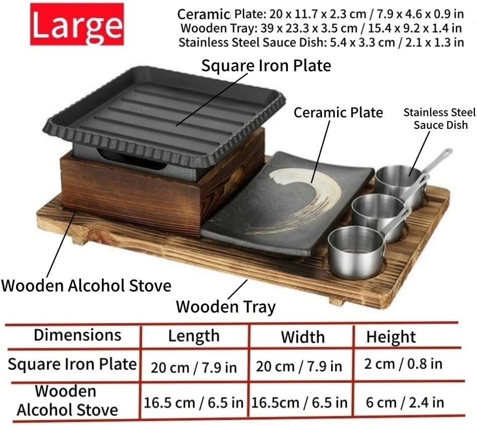 Compact Tabletop BBQ Grill Set with Wooden Stand, Portable Alcohol Barbecue Stove for Indoor Cooking, Outdoor Picnics, Camping, Small Parties(Large)