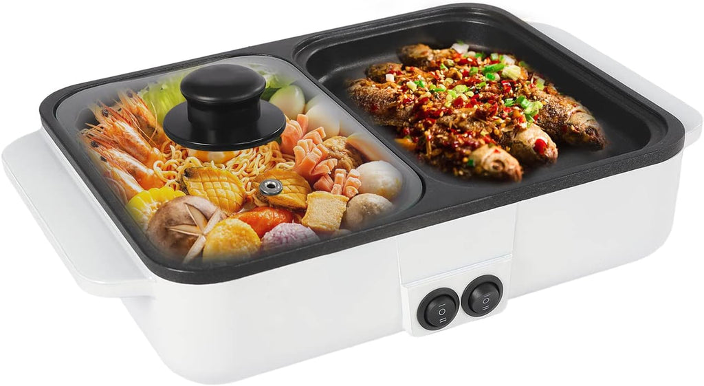 2 in 1 Electric Hot Pot & Grill, 1200W Multifunction Smokeless Korean BBQ, Nonstick Frying Pan & Hot Pot, Perfect for Indoor/Outdoor Parties, 110V, White