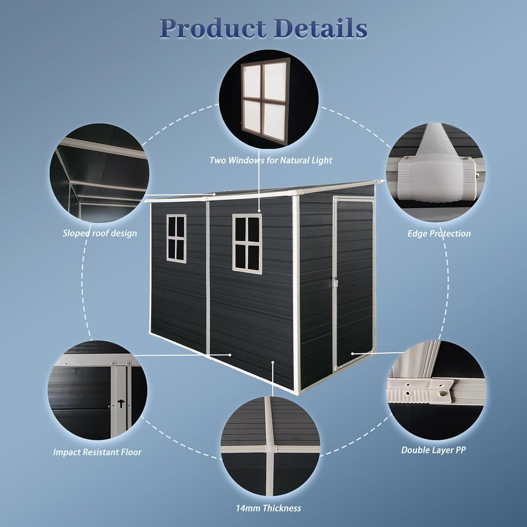 8x4ft Lean to Shed, Resin Outdoor Storage Shed with Floor and 2 Windows, Plastic Sheds & Outdoor Storage Clearance for Patio Furniture, Garden Tools Bike Accessories, Beach Chairs