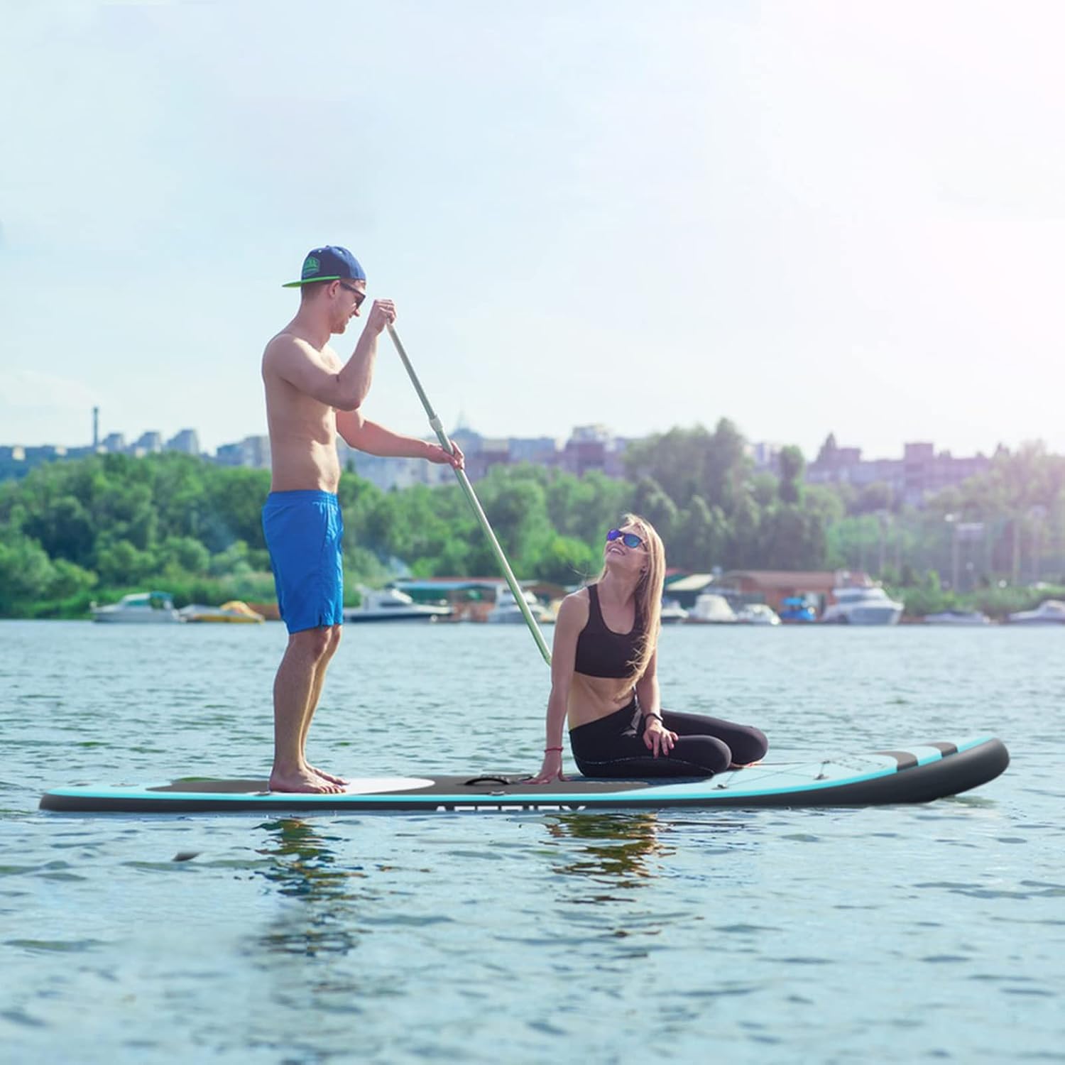 Bifanuo Inflatable Stand Up Paddle Board with SUP Accessories & Backpack. Paddle Boards for Adults. Non-Slip Deck, Wide Stance, Bottom Fin, Double Action Pump.