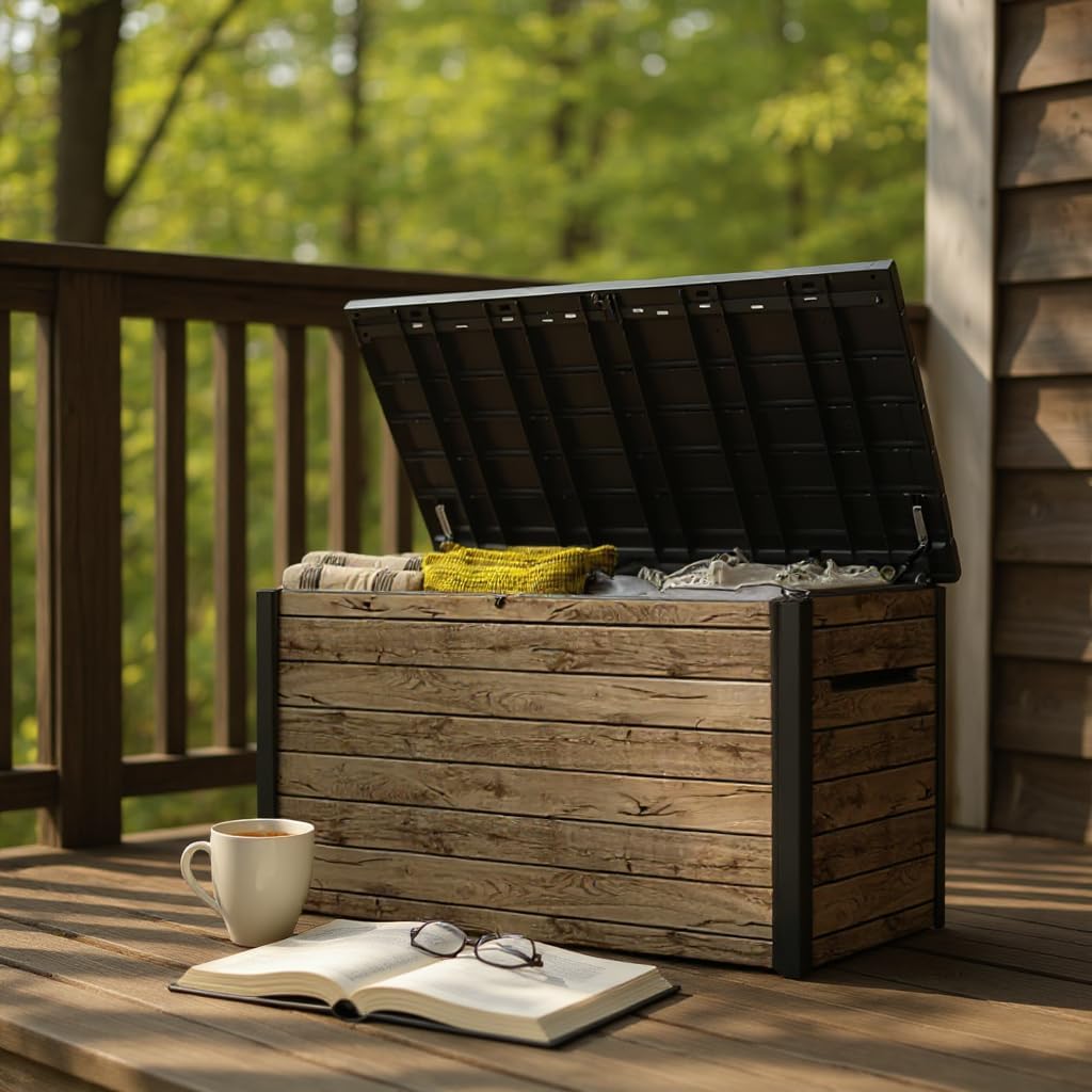 230 Gallon Deck Storage Box Outdoor Patio Container (Ash Wood Brown)
