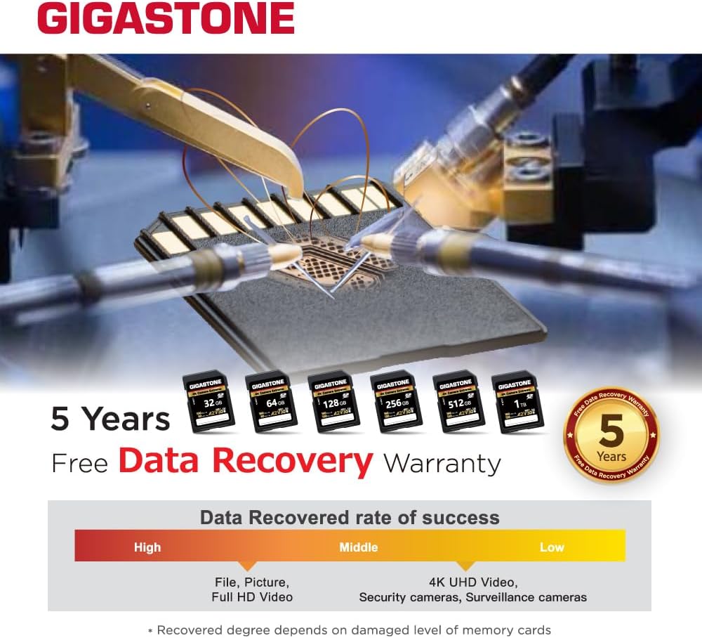 【5-Years Data Recovery】 GIGASTONE 1TB SD Card, 4K Camera Extreme, A2 V30 U3 C10 SDXC Memory Card High Speed, Compatible with Canon Kodak Olympus Digital Camera