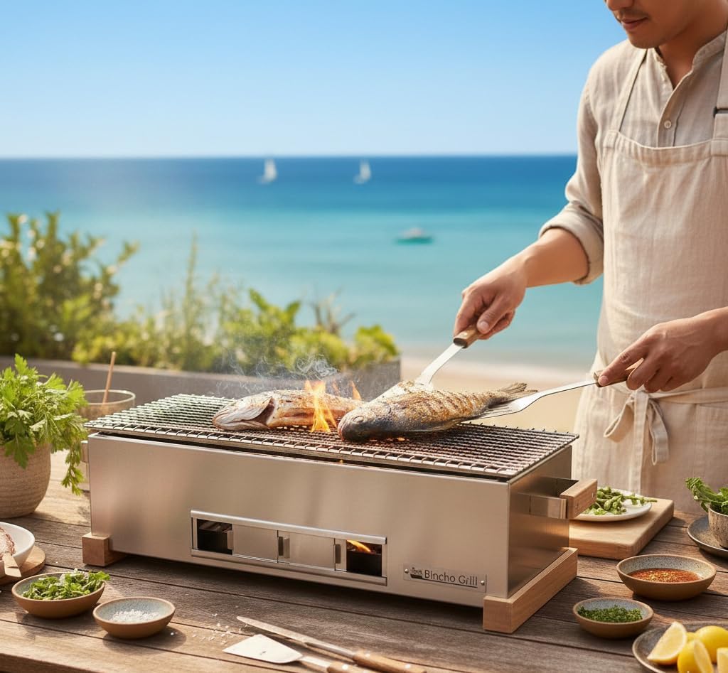 The Bincho Grill 24 Inch Wide Body Yakitori Grill – Japanese Style Charcoal Robata BBQ for Skewers, Steaks, and More – Restaurant-Quality Binchotan Tabletop Grill – Portable and Durable