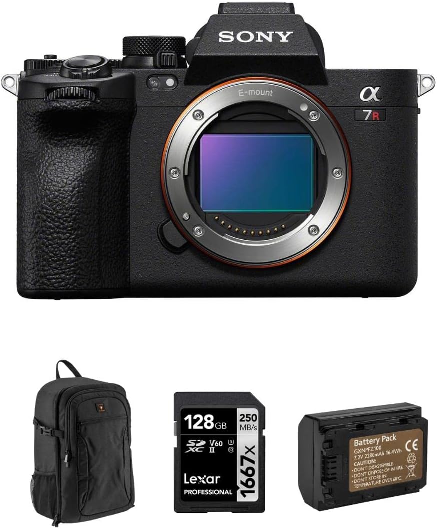 Sony Alpha a7R V Full-Frame Mirrorless Digital Interchangeable Lens Camera Body - Bundle with 128GB UHS-II SDXC Memory Card, Backpack, Extra Battery, Sony 1 Year Limited Warranty