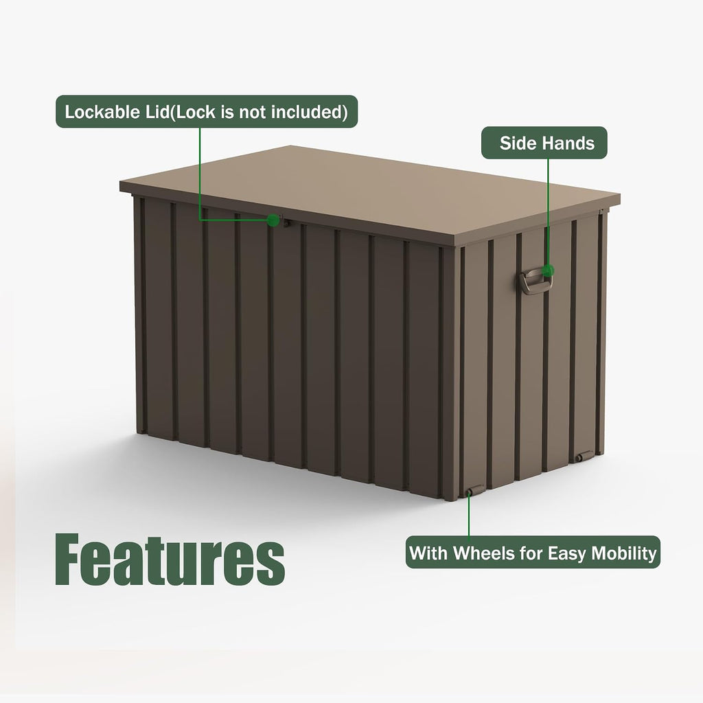 Domi Outdoor Storage Deck Box 120 Gallon, Waterproof Lockable Steel Outdoor Storage Container for Outside Cushions, Garden Tools and Pools Equipment, (Brown)