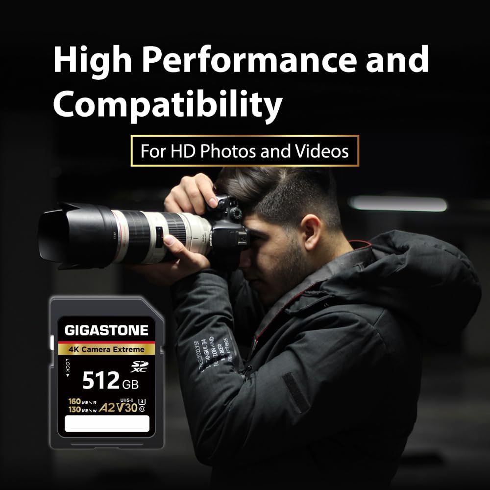 【5-Years Data Recovery】 GIGASTONE 512GB SD Card, 4K Camera Extreme, A2 V30 U3 C10 SDXC Memory Card High Speed, Compatible with Canon Kodak Olympus Digital Camera