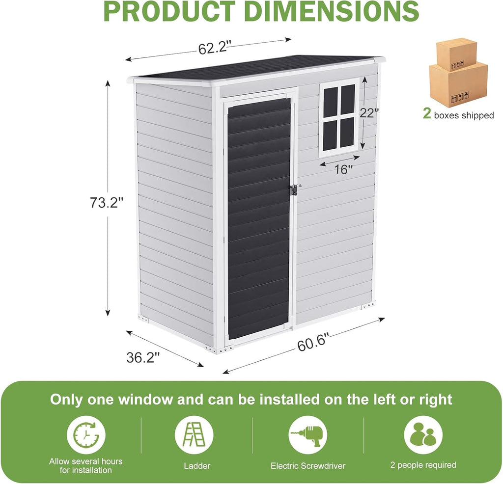 HUSFU Outdoor Resin Storage Shed 5x3 FT, Plastic Tool Shed for Bike, Garbage Can, Chicken Coop, Outside Sheds with Lockable Door for Backyard, Patio, Lawn, Light Grey