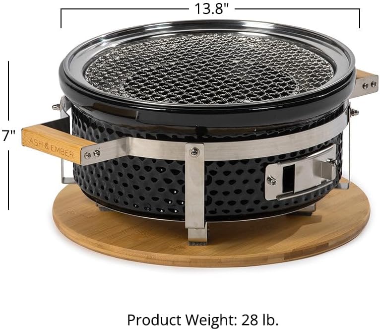 Ash & Ember 14' Hibachi Tabletop Grill & Griddle Set, Ceramic Charcoal Grill, Stainless Steel Cooking Grate, Non-Stick Maifan Griddle, Griddle Lifter, Adjustable Temp Control