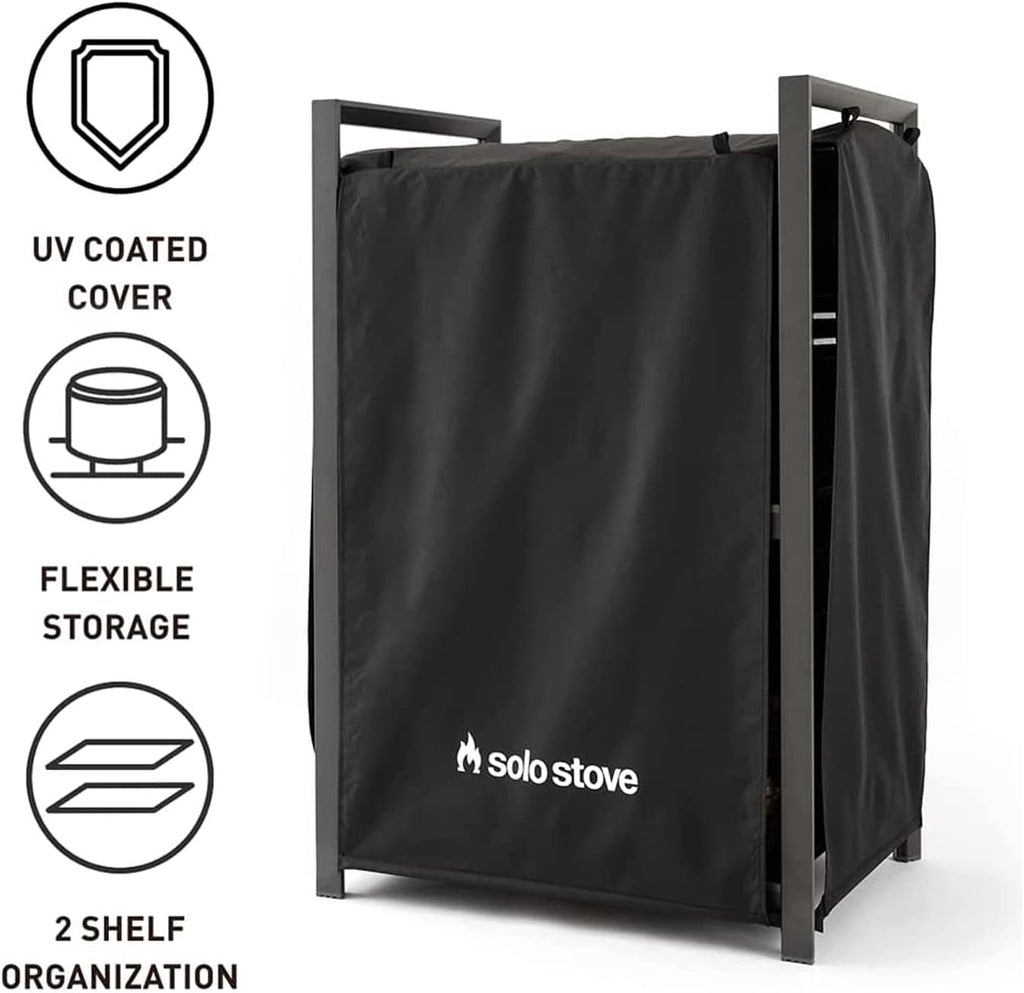 Solo Stove Station – 4.4ft Black Aluminum Firewood Rack with UV-Coated Cover, Two-Shelf Outdoor Storage for Fire Pit Logs, Tools & Accessories
