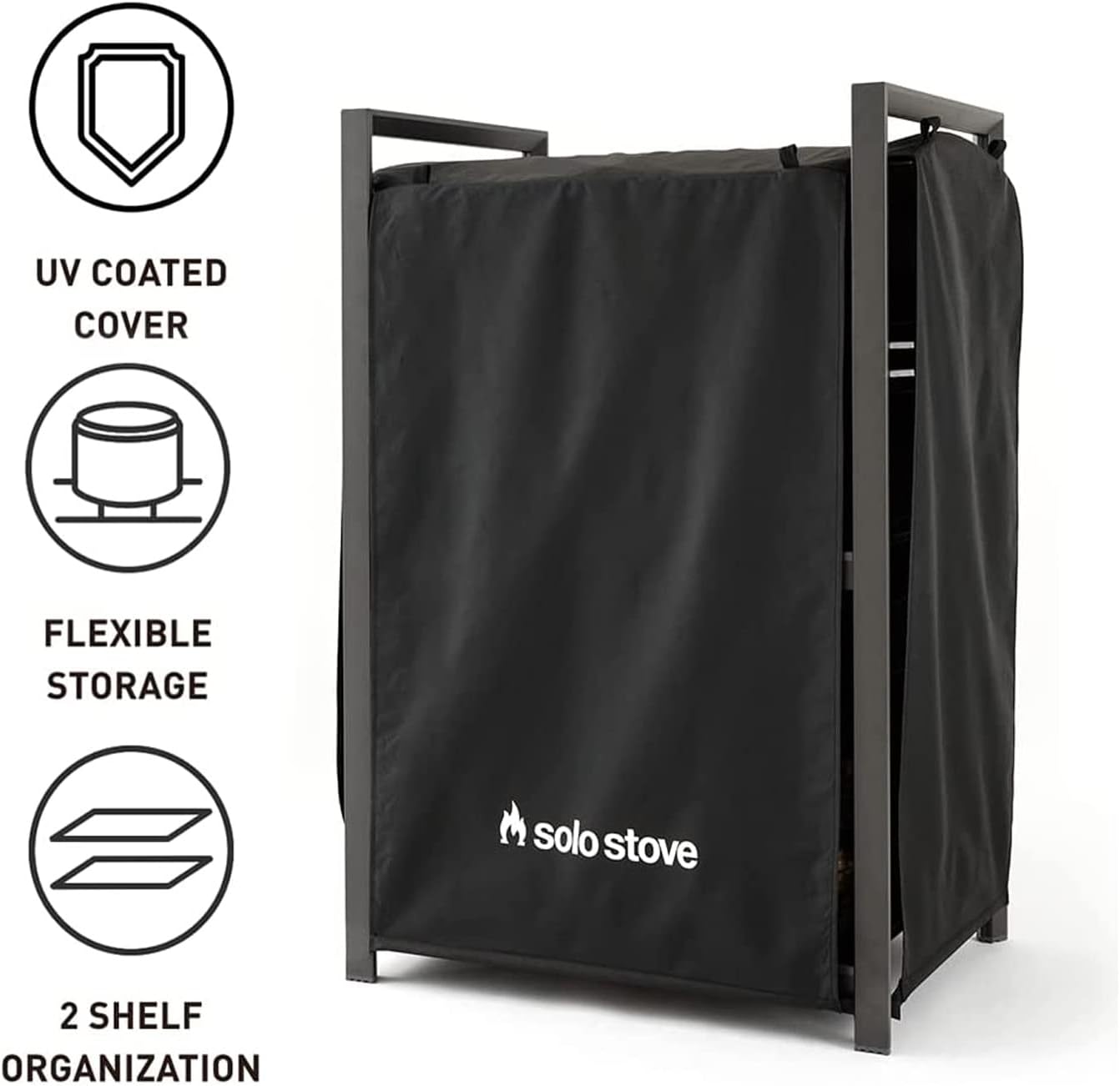 Solo Stove Station – 4.4ft Black Aluminum Firewood Rack with UV-Coated Cover, Two-Shelf Outdoor Storage for Fire Pit Logs, Tools & Accessories