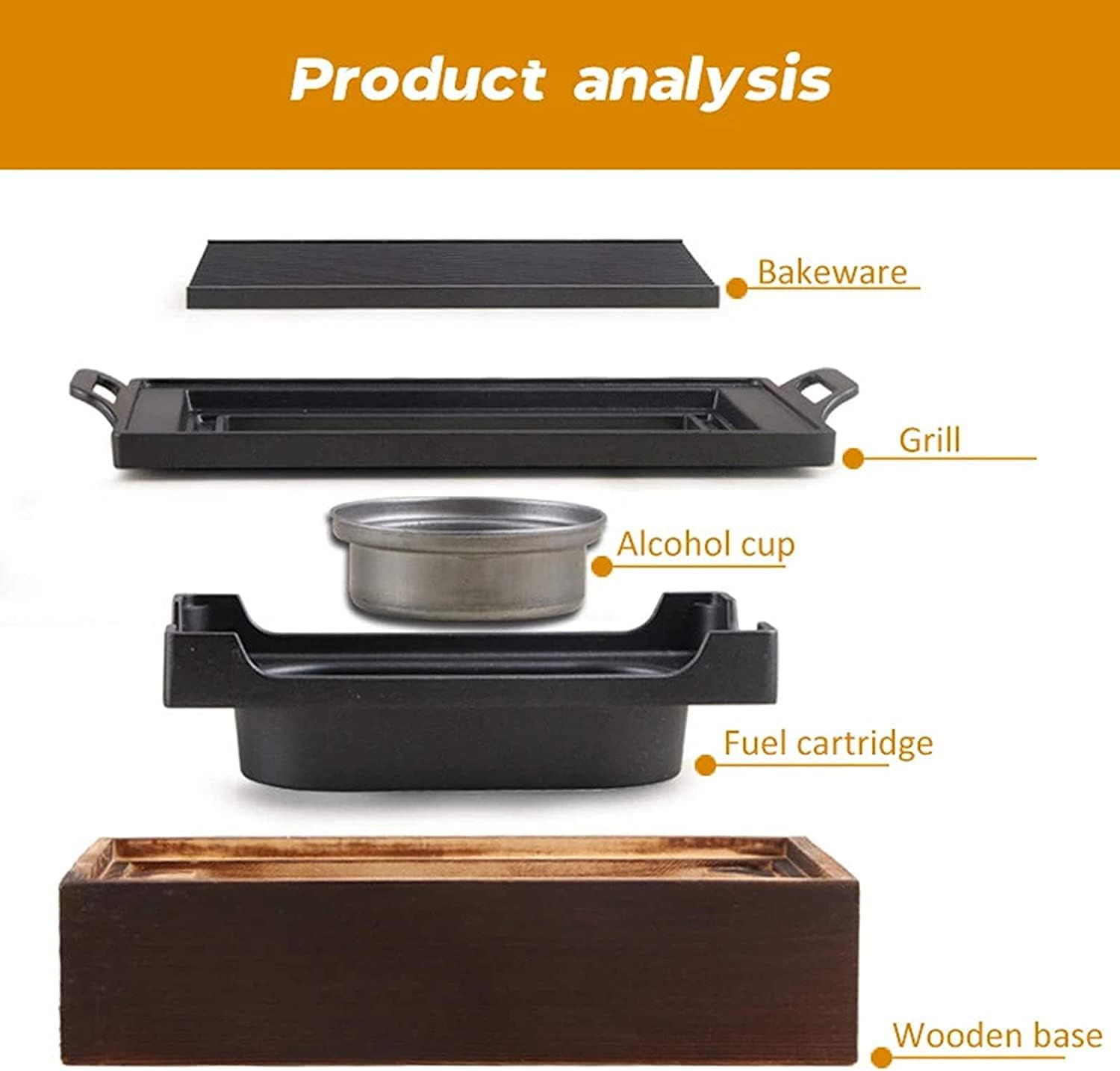 Portable BBQ Grill, Japanese-Korean Household Wooden Alcohol Stove BBQ Grill with Wooden Base for Indoor Dining Table, Camping, Outdoor Garden BBQ,35cm
